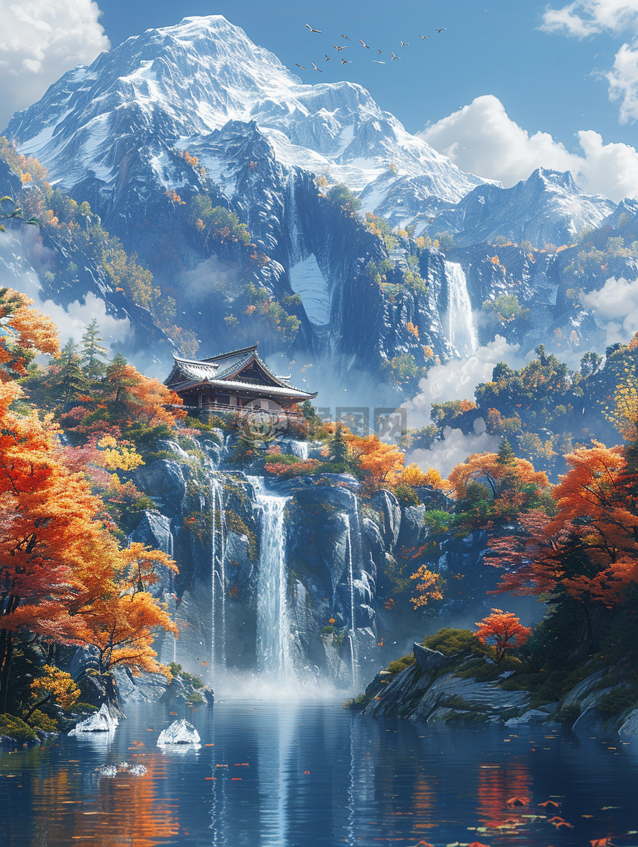 震撼的CG壁画，高山流水，细致入微