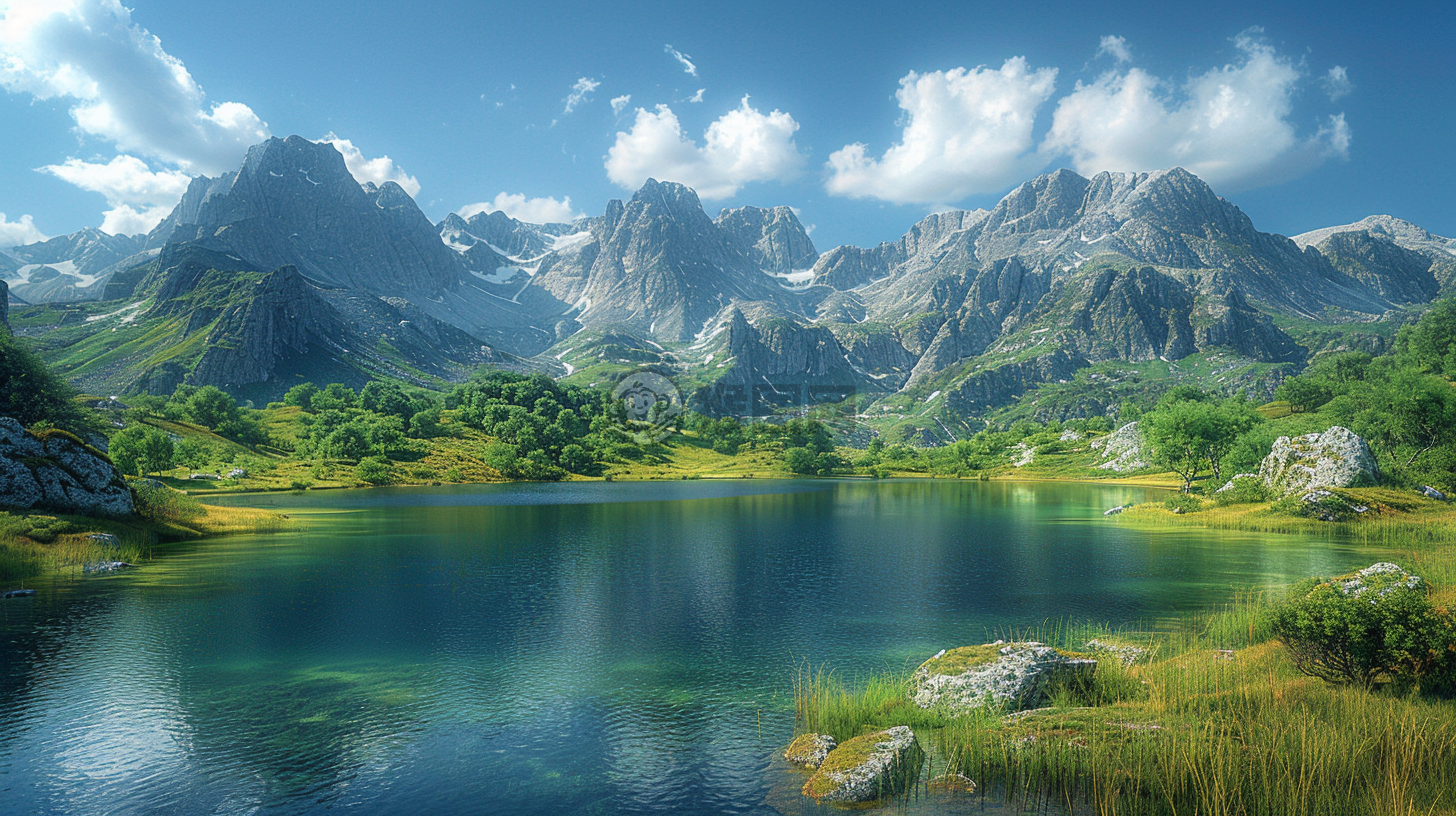 高原湖泊映群山，草甸如毯展画卷