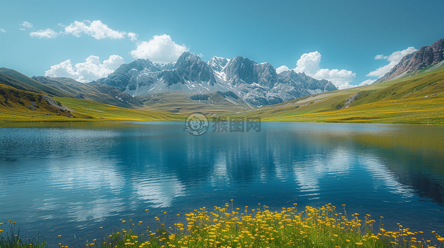 高原湖泊映高山，草原绿意入画来