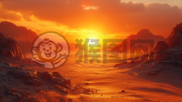 遥远的沙漠中，苍穹下烈日灼烧的景观。