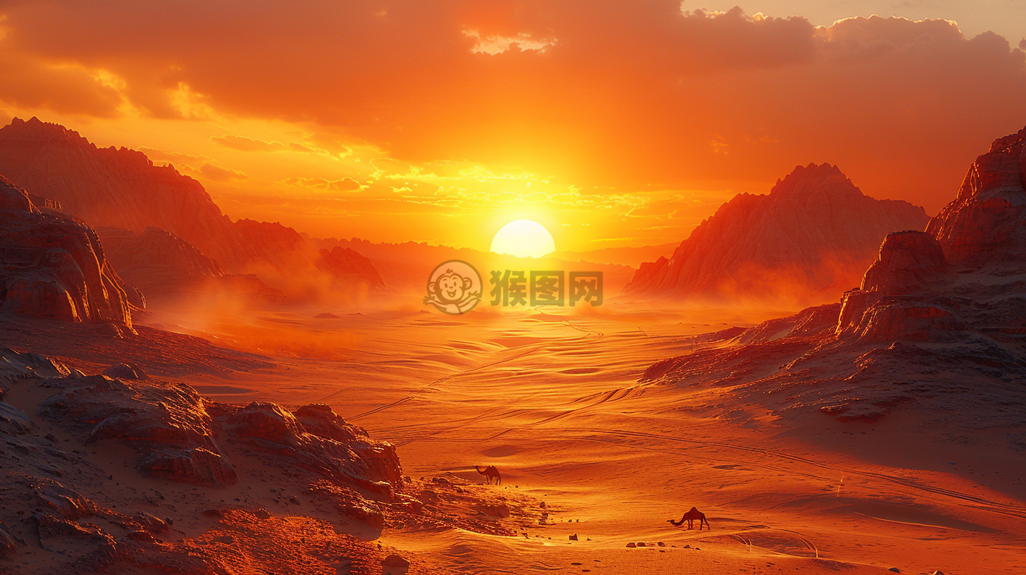 遥远的沙漠中，苍穹下烈日灼烧的景观。