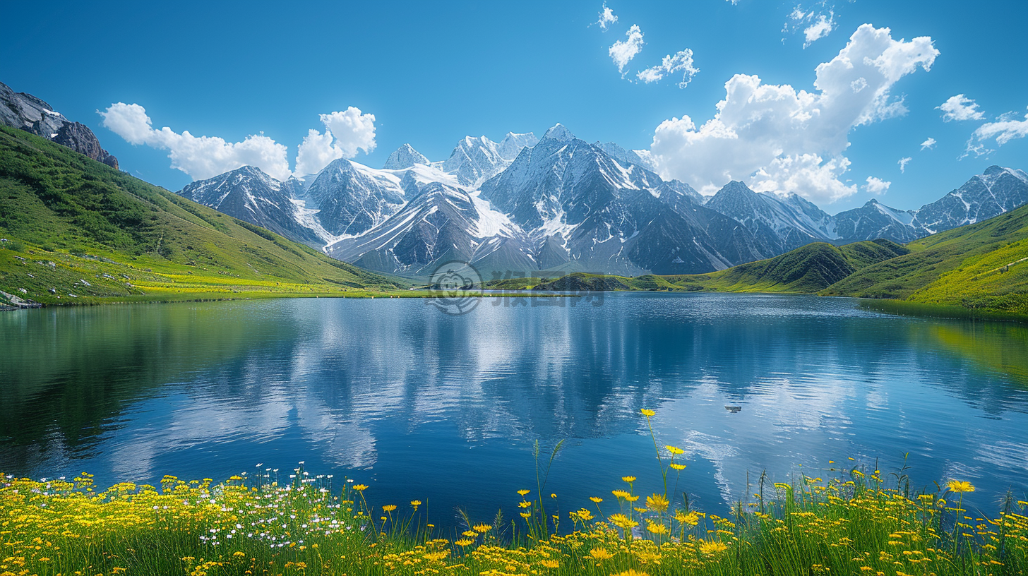 高原湖泊映群山，草甸如毯展画卷