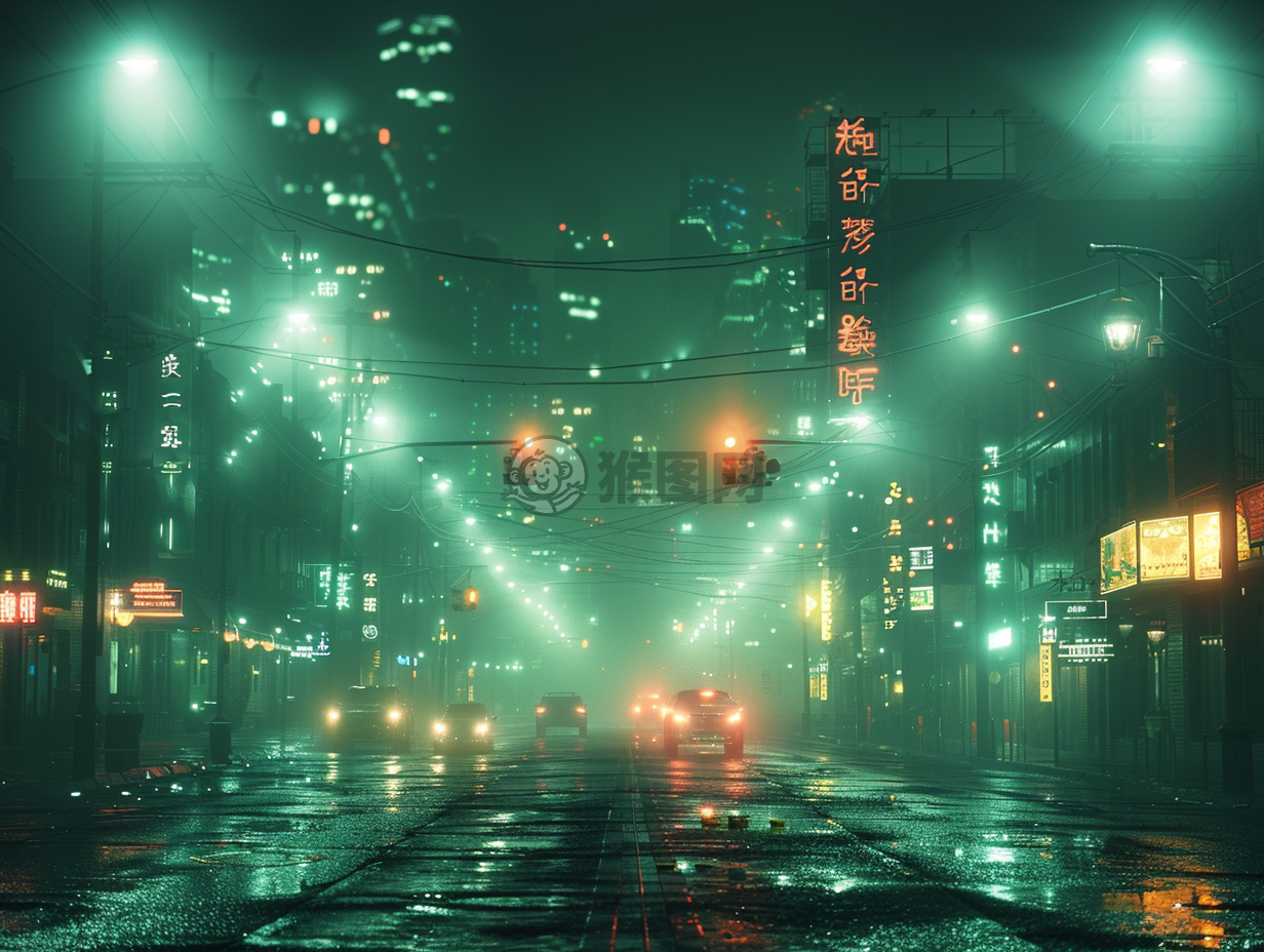 深夜城市街头静谧景象，绿意盎然，Unreal引擎呈现物理学特效。