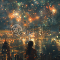 天空中绽放的烟花，现代都市的高楼与CG壁纸交织的画卷。