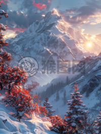 雪山晨曦，动物跃动美如画。