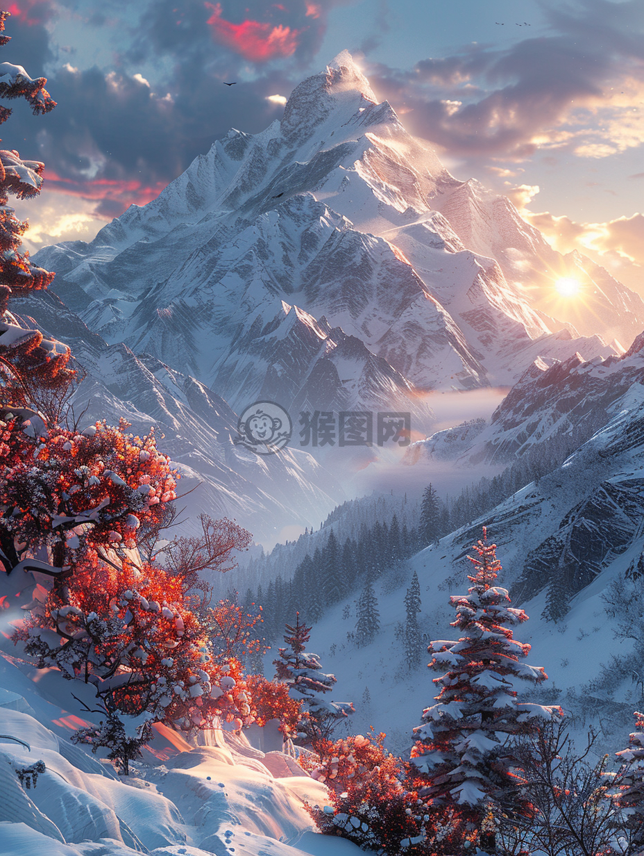 雪山晨曦，动物跃动美如画。