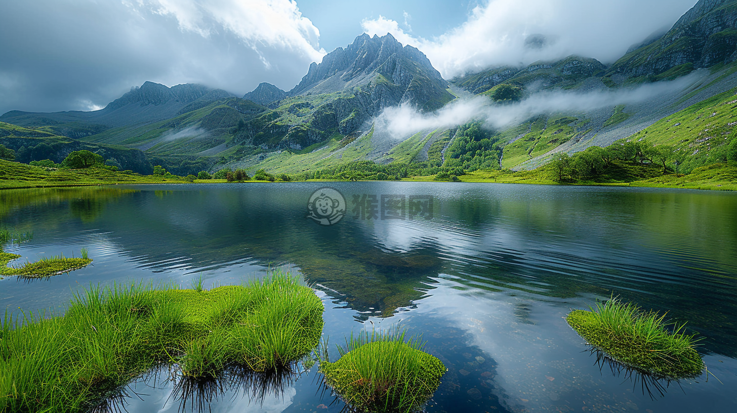 高山环绕的湖与草原 