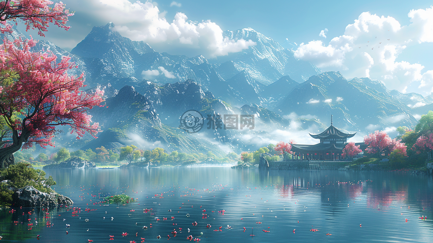 中国乡村美景，高品质，高质量，细致入微的CG壁画