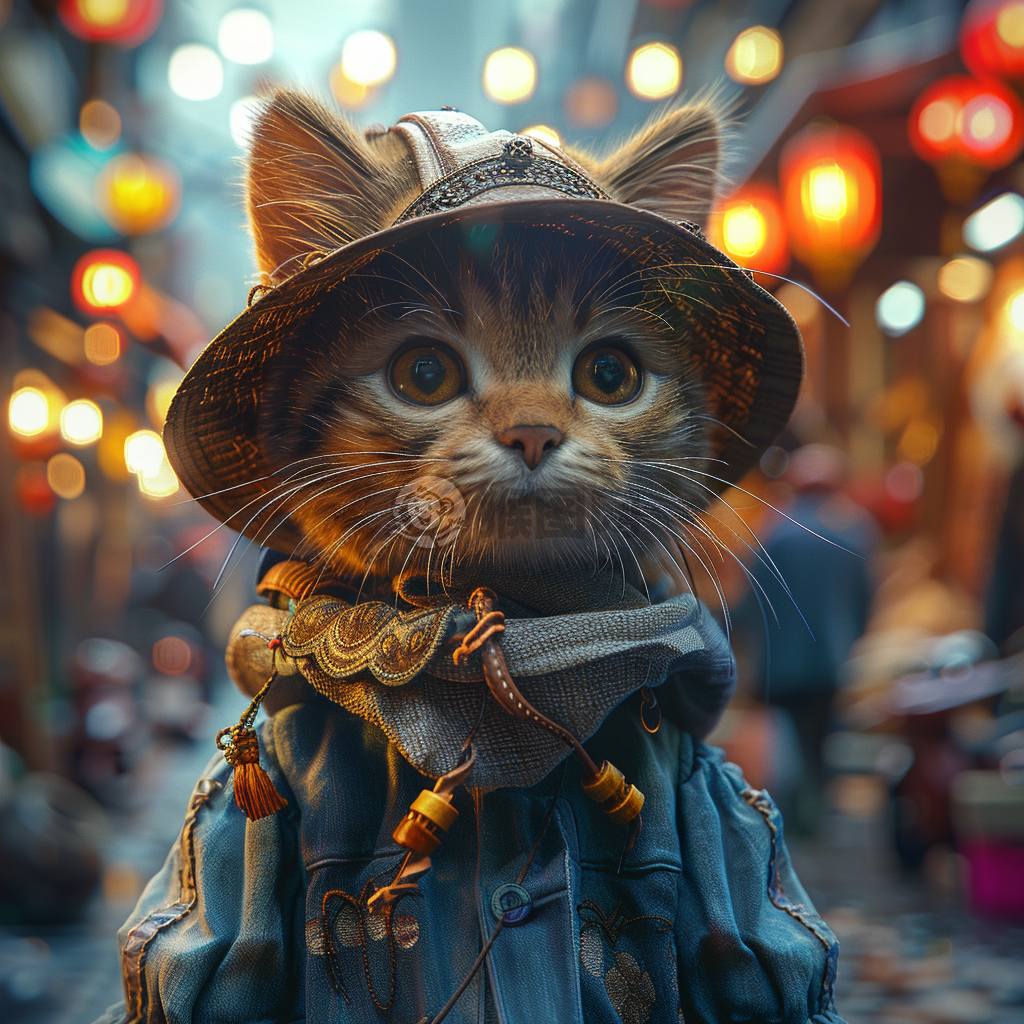 夏日城市街头猫咪穿衣漫步壁纸