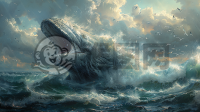 海浪中舞动的海鸥与露出狰狞面孔的大鱼