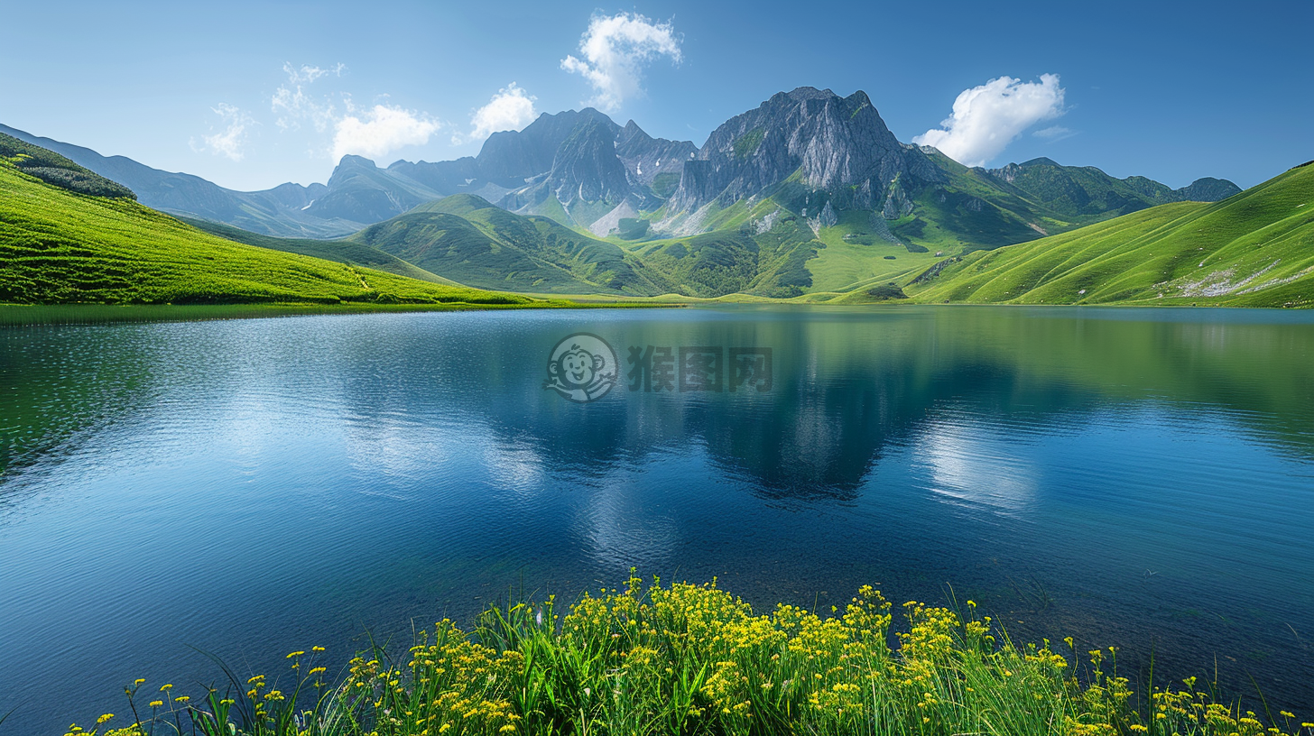 高山环绕湖泊草原风光，自然光下高清摄影风格。