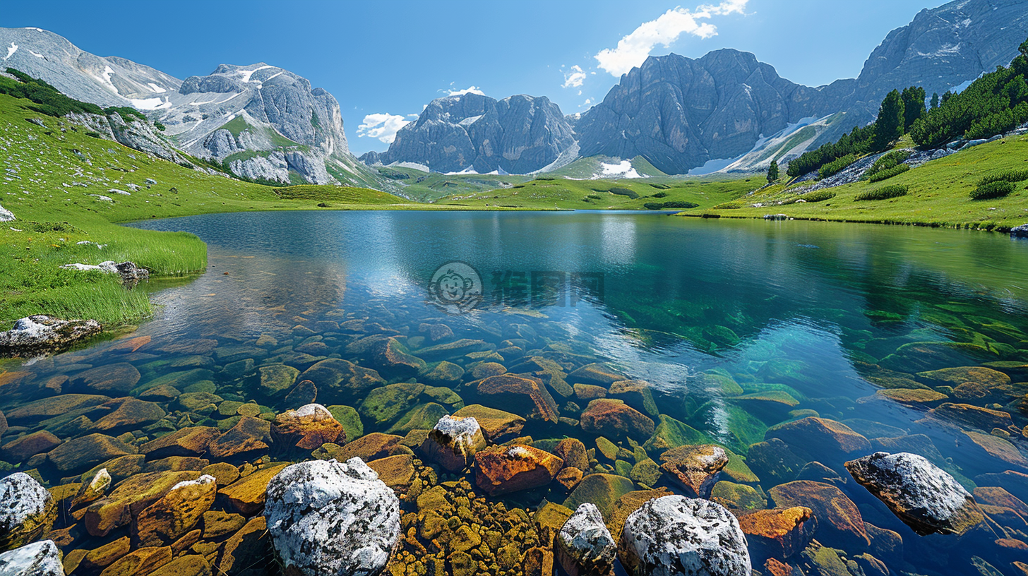 高原湖泊映高山，草原绿毯入画来