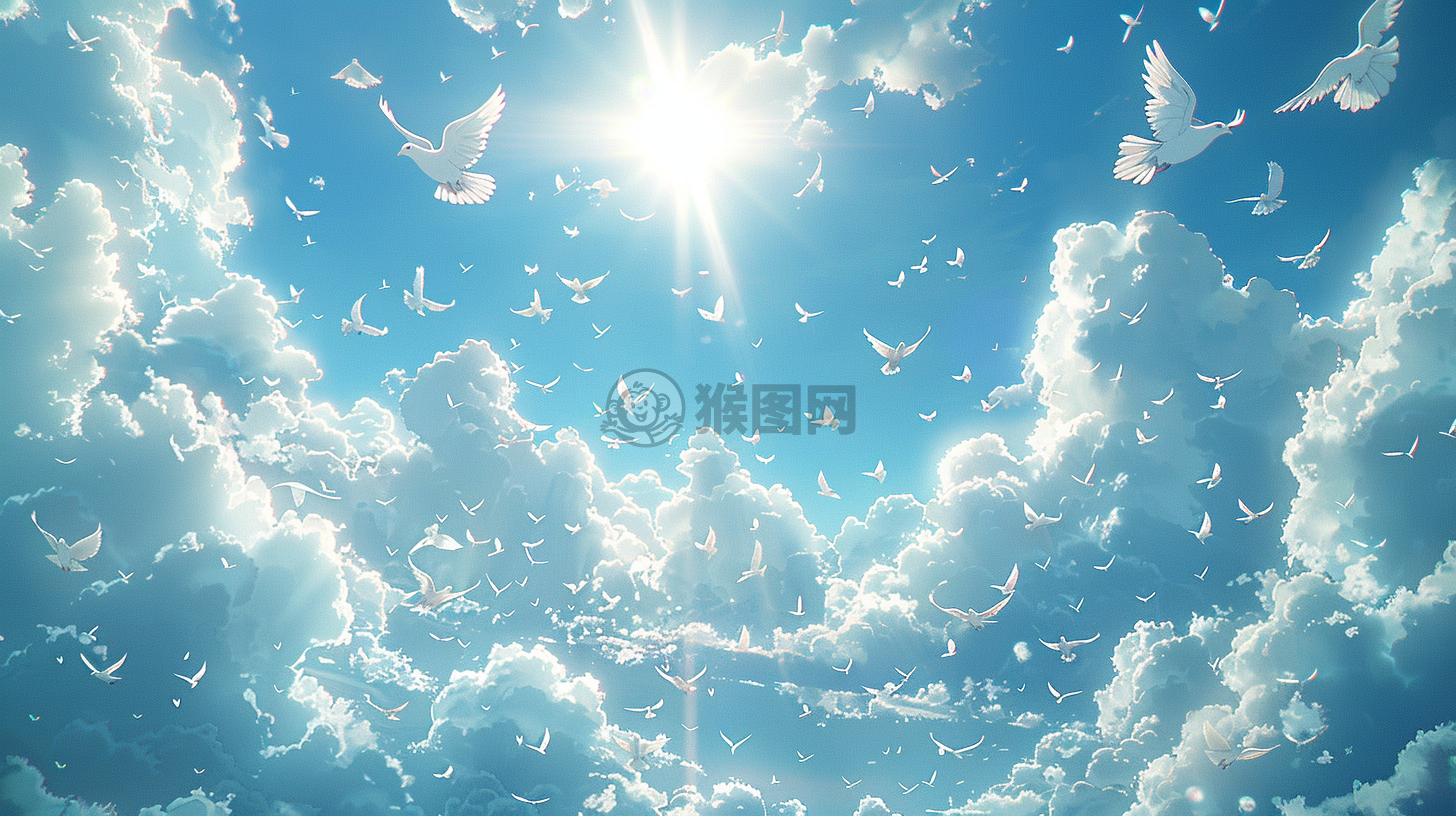 飞翔的书籍与白鸽，蔚蓝天空下的动感之旅