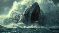 海浪中舞动的海鸥与露出狰狞面孔的大鱼