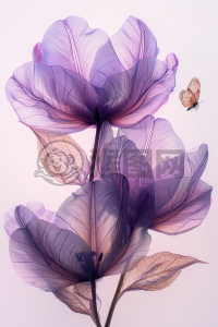 紫蝶飞舞白花间，三朵紫兰如线绘