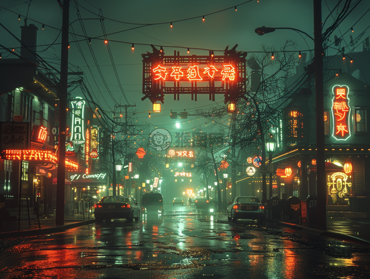夜色街头，无车独行，绿色调渲染，虚幻引擎物理引擎再现。