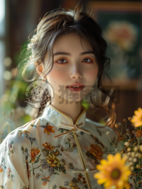 盛开的向日葵微笑下的中国美女