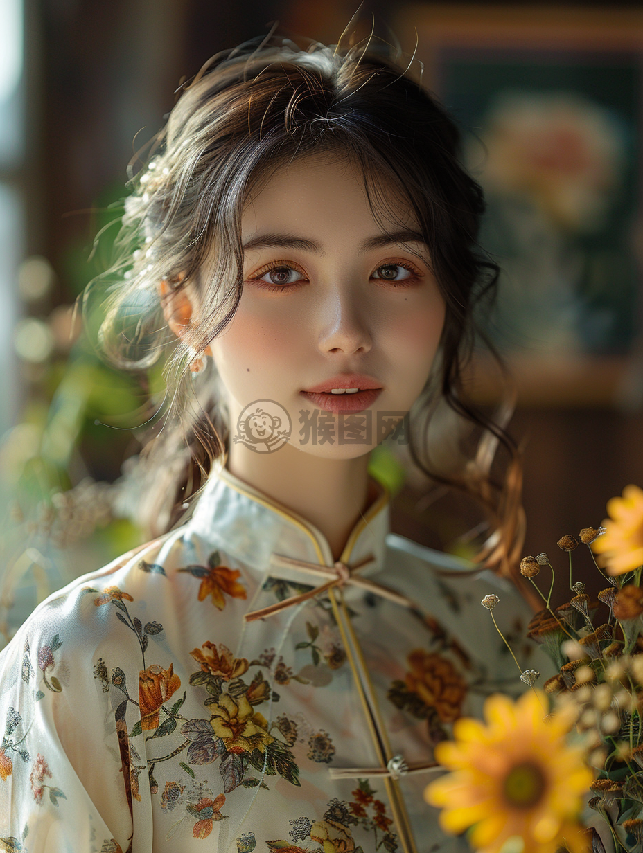 盛开的向日葵微笑下的中国美女