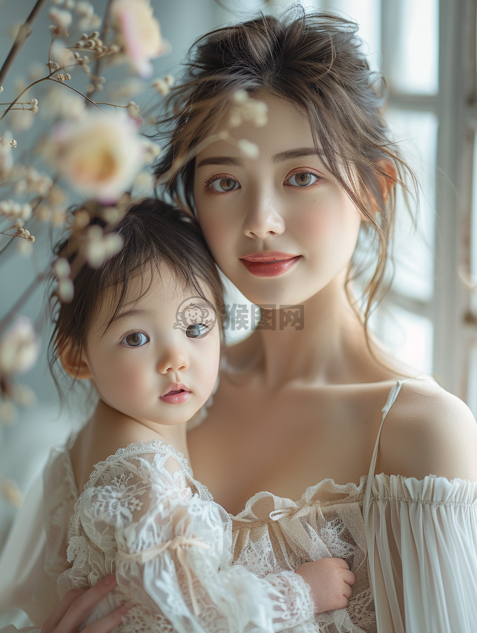 母亲节怀抱新生儿的温馨瞬间。