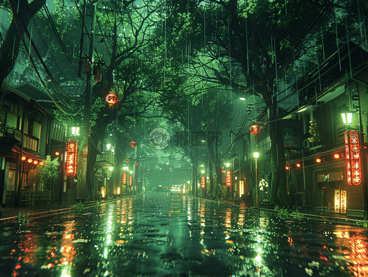 夜色街头，静谧无声，绿色调渲染，虚幻引擎物理引擎呈现。