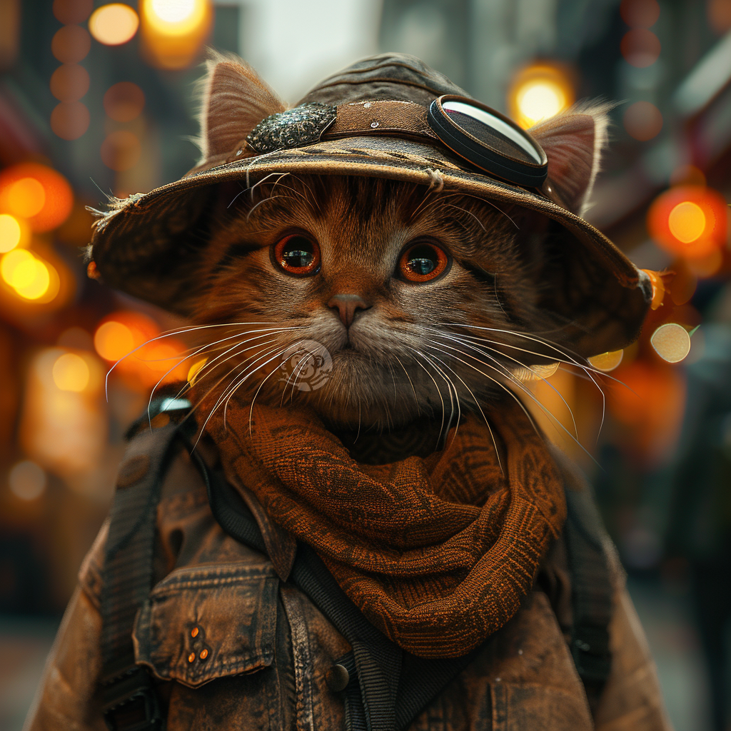 夏日城市街头猫咪穿衣漫步壁纸