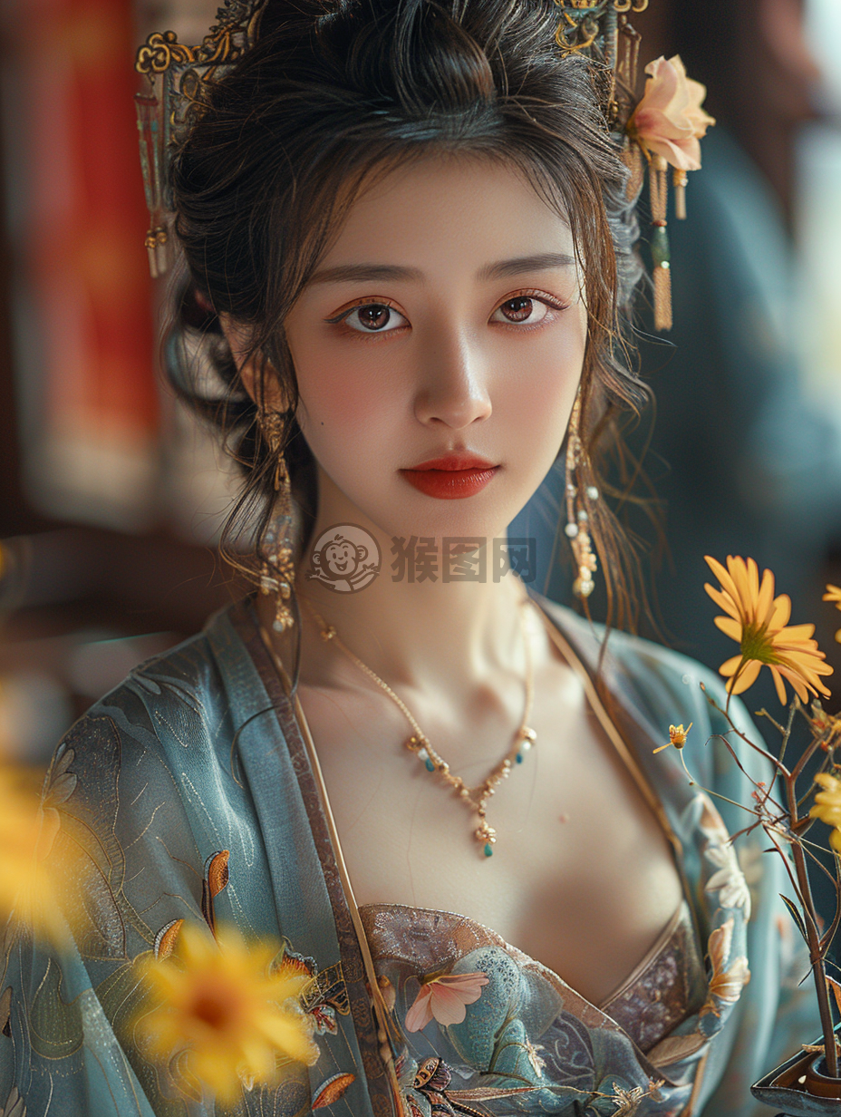 绽放的向日葵，微笑的中国美女