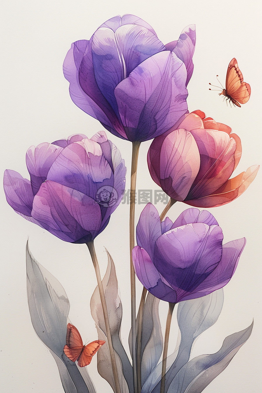 紫色三瓣花盛开 白色背景上的飞舞蝴蝶