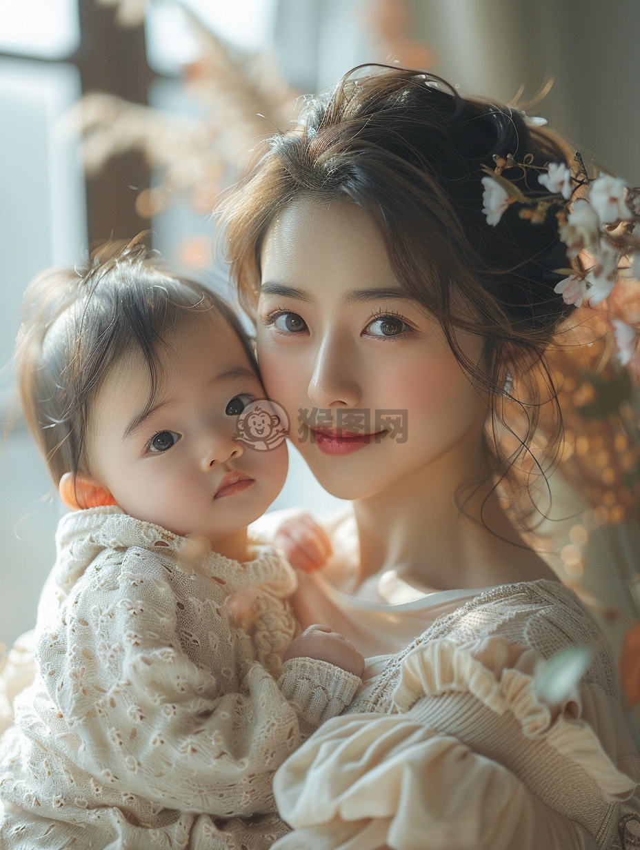 “亚洲母亲怀抱幼子”