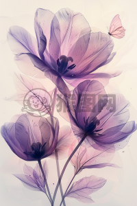 紫色花簇蝴蝶舞，白背景里三瓣紫