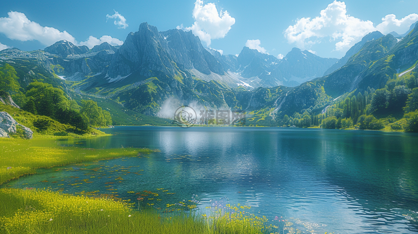 高原湖泊映群山，草甸如毯展画卷