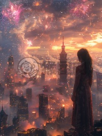 梦幻天空绽放的烟火，现代高楼下的笑脸，精致CG壁纸