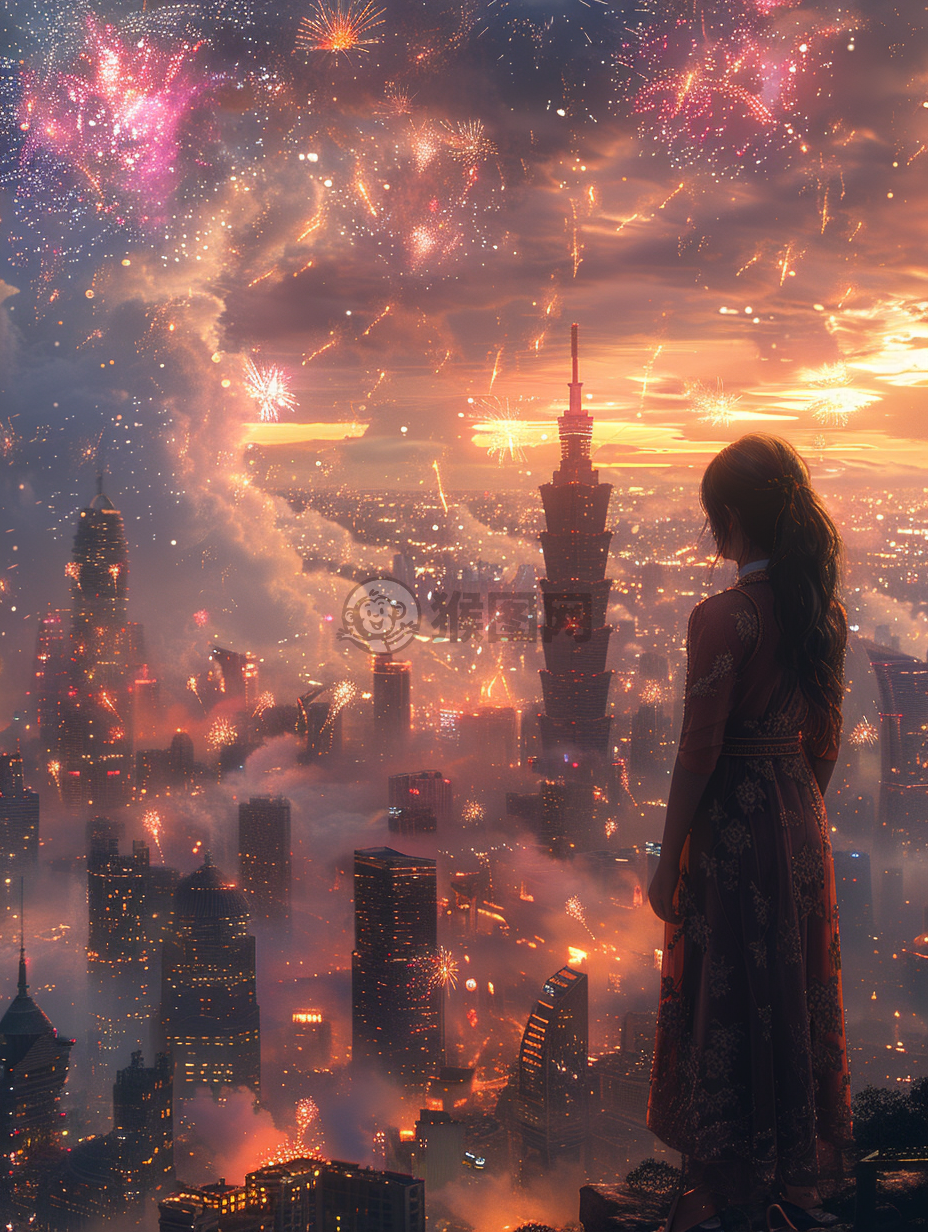 梦幻天空绽放的烟火，现代高楼下的笑脸，精致CG壁纸