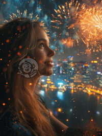 现代都市夜景壁纸，繁华灯火与女孩笑脸交织。