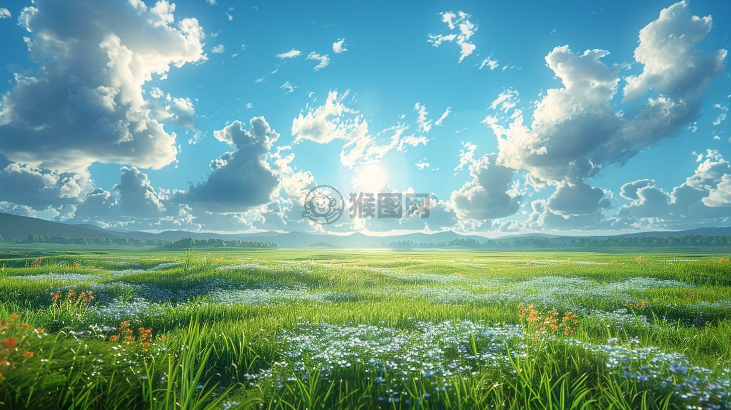 蔚蓝草原朝阳下，精细CG品质壁纸映辉煌