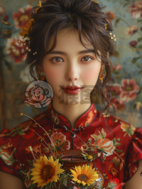 微笑花瓶美女花盆里的向日葵摄影作品