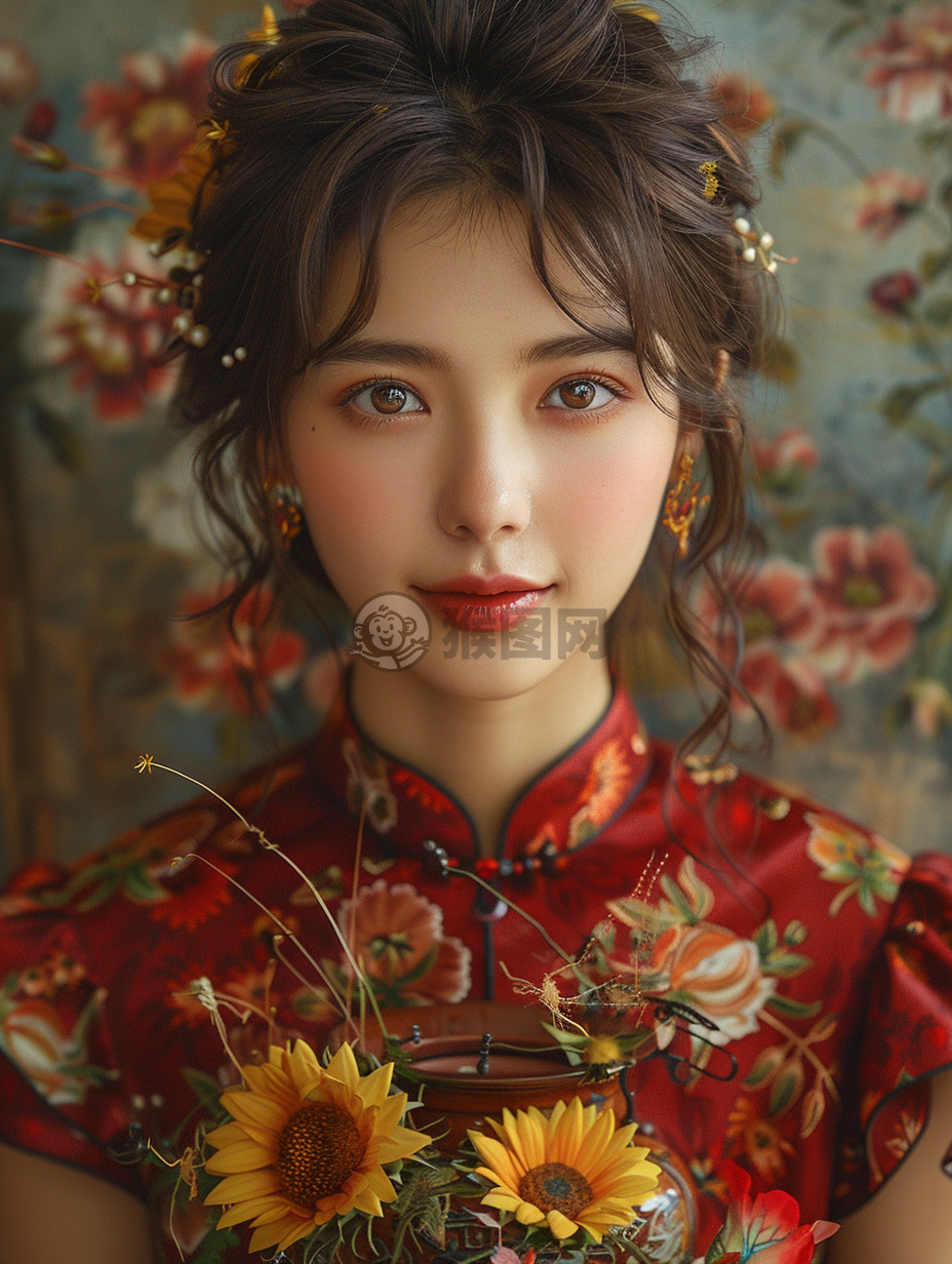 微笑花瓶美女花盆里的向日葵摄影作品