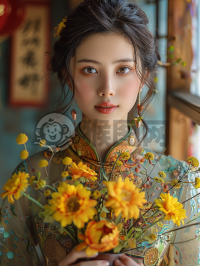绽放的向日葵花中中国美女的微笑