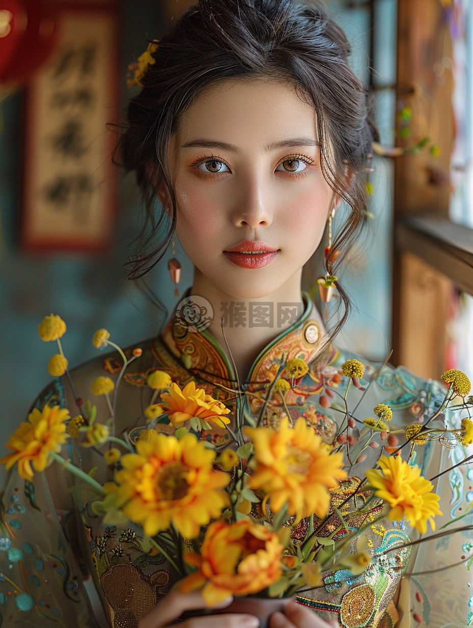 绽放的向日葵花中中国美女的微笑