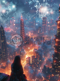 现代都市夜景壁纸，繁星点点映照女孩笑脸。