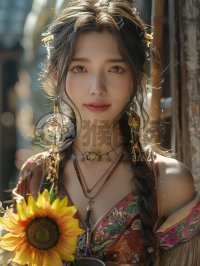 绽放的向日葵，微笑的中国美女