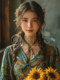 绽放的向日葵，微笑的中国美女