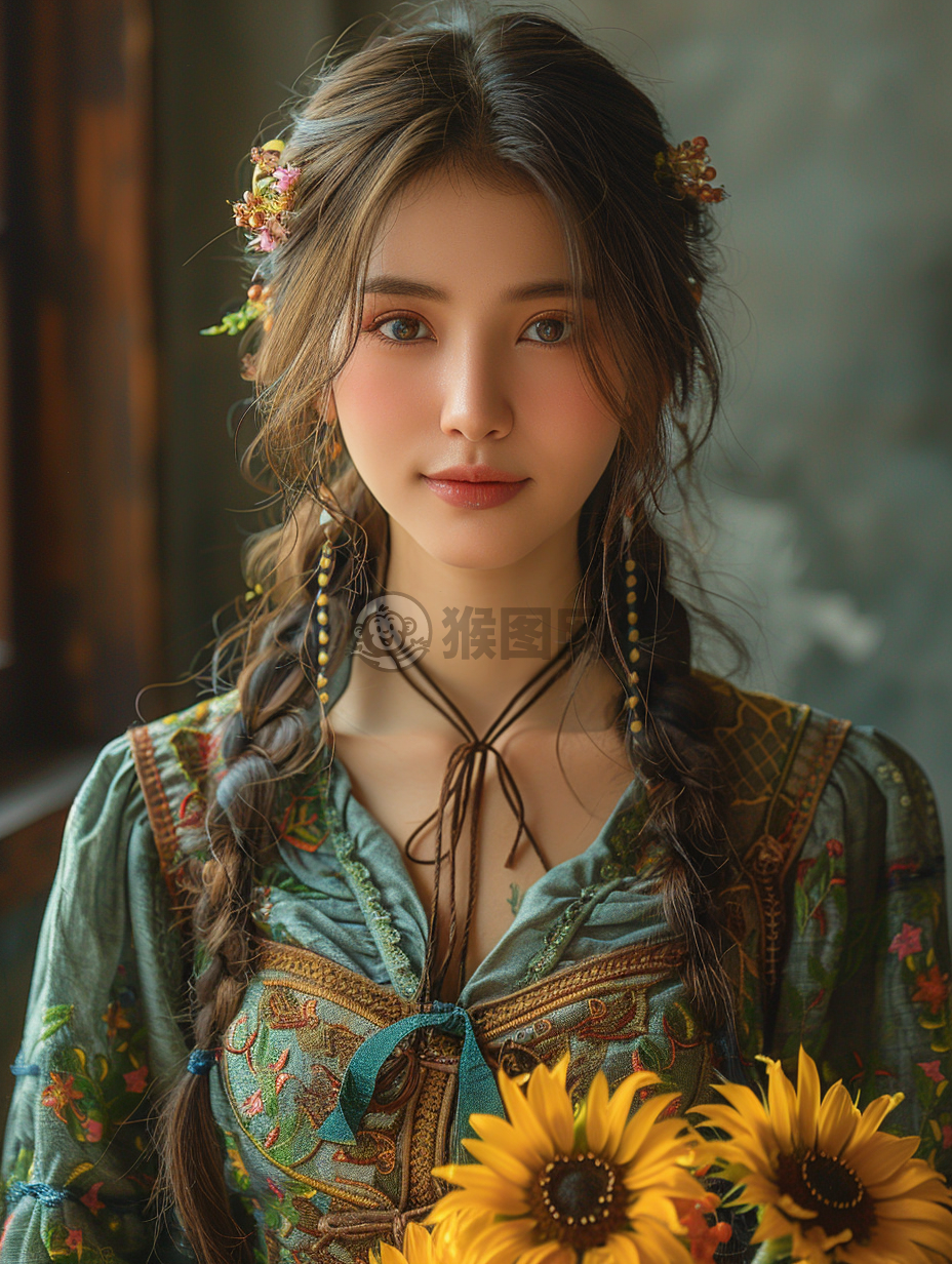 绽放的向日葵，微笑的中国美女
