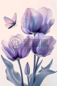 紫色鸢尾翩翩飞，白底花簇情意浓