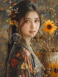 绽放的向日葵，微笑的华美中国女性
