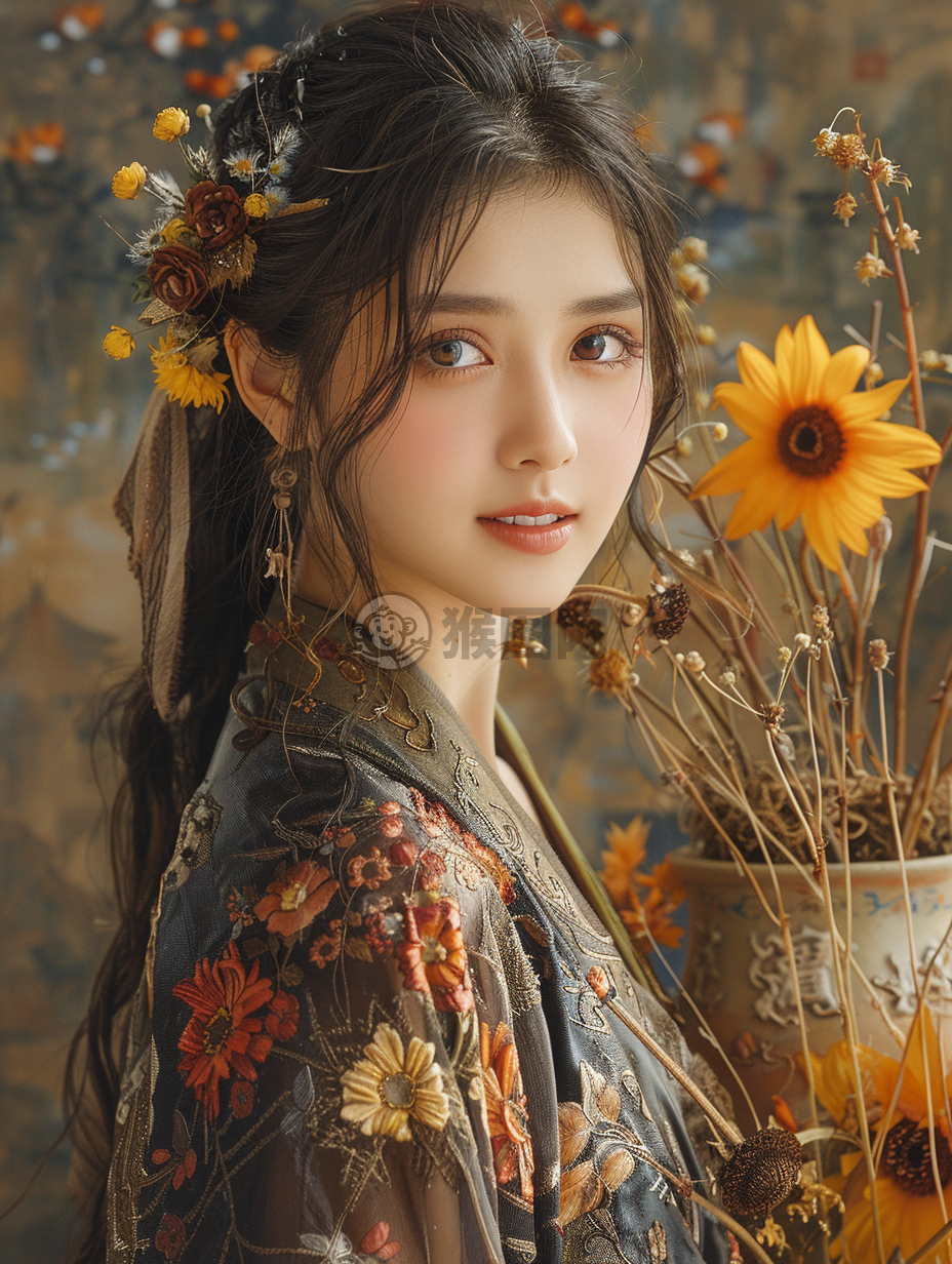 绽放的向日葵，微笑的华美中国女性