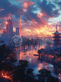 现代都市夜景壁纸，灯火辉煌，细节入微。