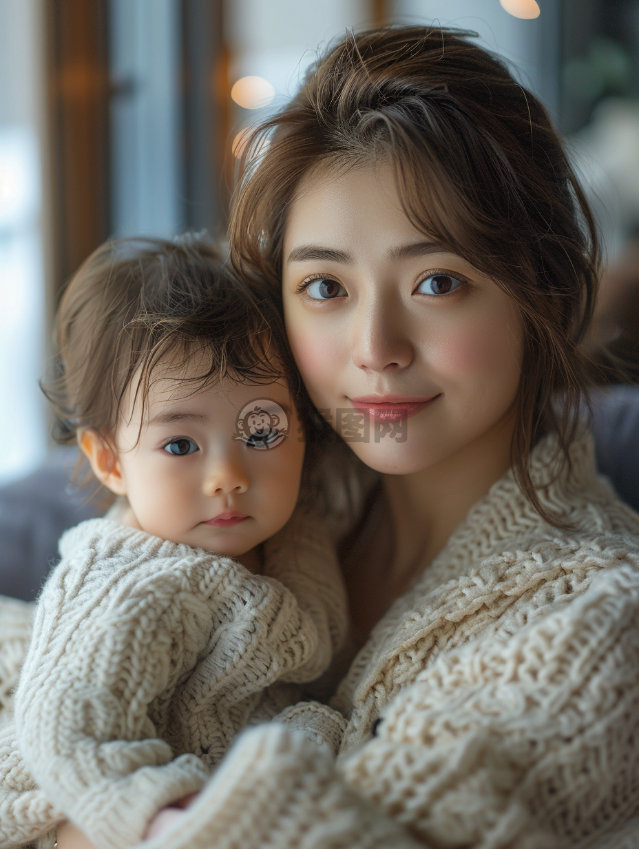 母亲节温馨一幕：怀抱婴儿的美年轻妇人与天真烂漫时刻的亲密描绘。