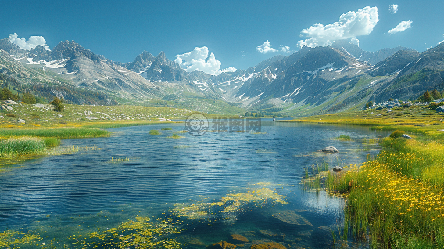 高原湖泊映群山，草甸如毯展画卷