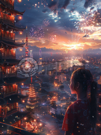 天空中绽放的烟花，现代都市的高楼与精致壁纸相映成趣。
