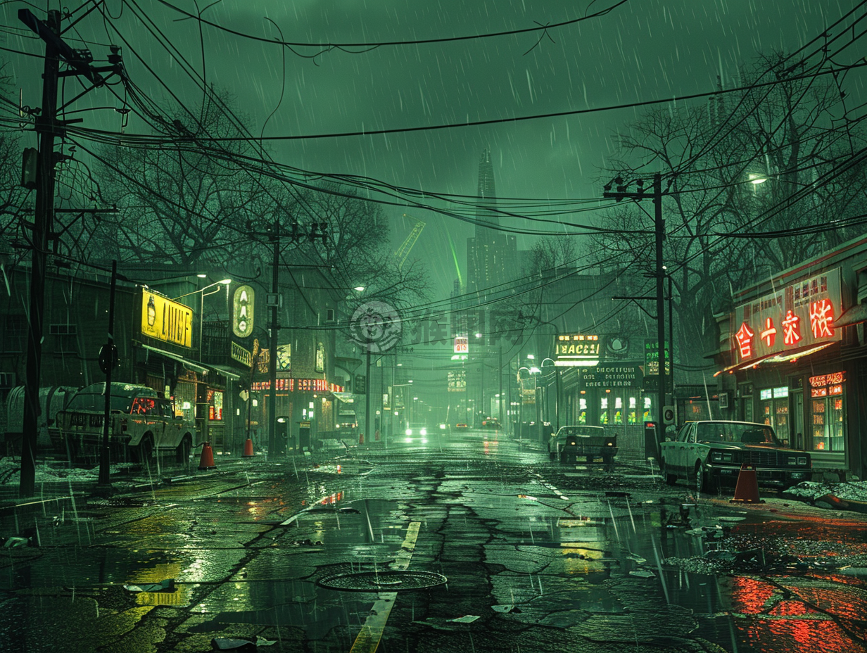 夜色街头，静谧无声，绿色调渲染，虚幻引擎物理引擎呈现。